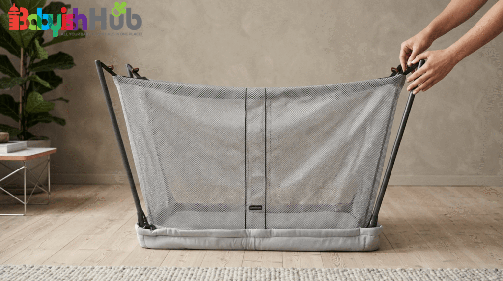 how to fold baby bjorn travel crib in half